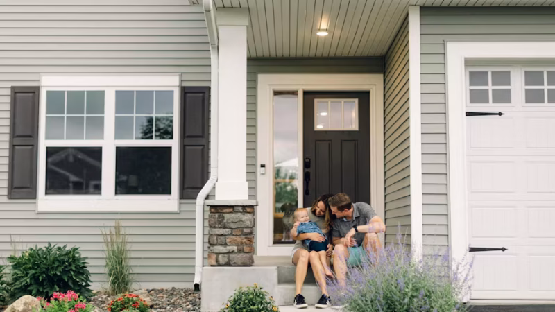 A family sit on porch in front of home